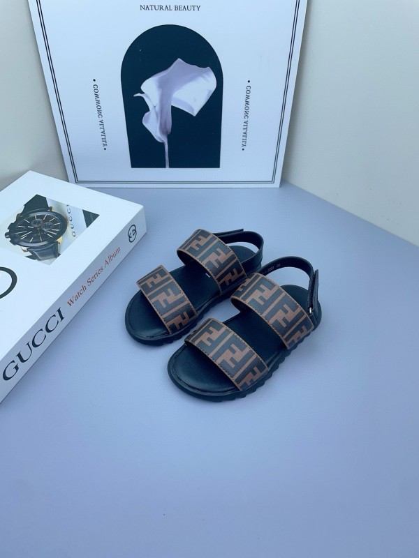 2025 Kids Fendi Brown Black Leather Sandals