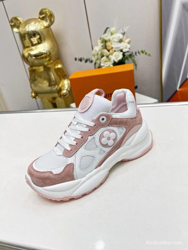2025 Women Louis Vuitton White Pink Suede Mesh Sneakers LY00340