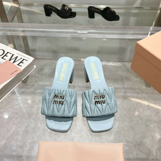 2025 Women Miumiu Light Blue Sheepskin Heeled Sandals