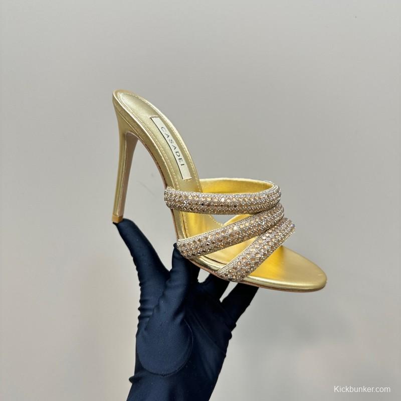 2025 Women Casadei Gold Glitter Leather High Heel Sandals