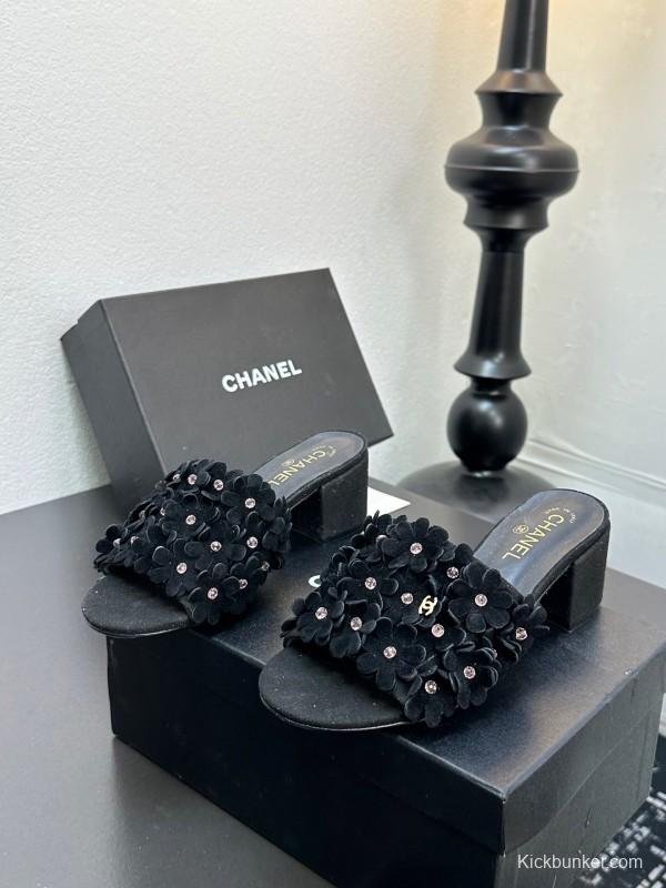 2025 Women Chanel Black Suede Heeled Slippers