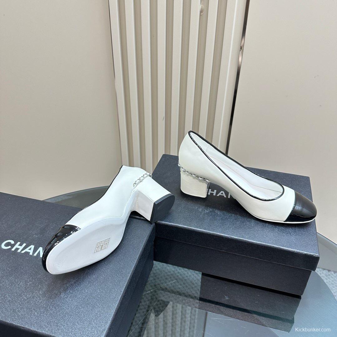 2025 Women Chanel White Black Leather Block Heel Pumps
