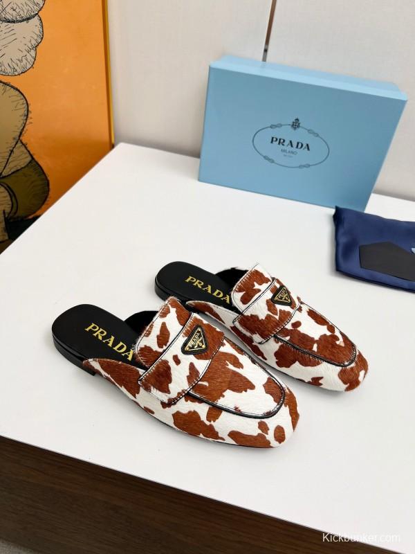 2025 Women Prada Brown White Calf Hair Leather Slippers LY00260