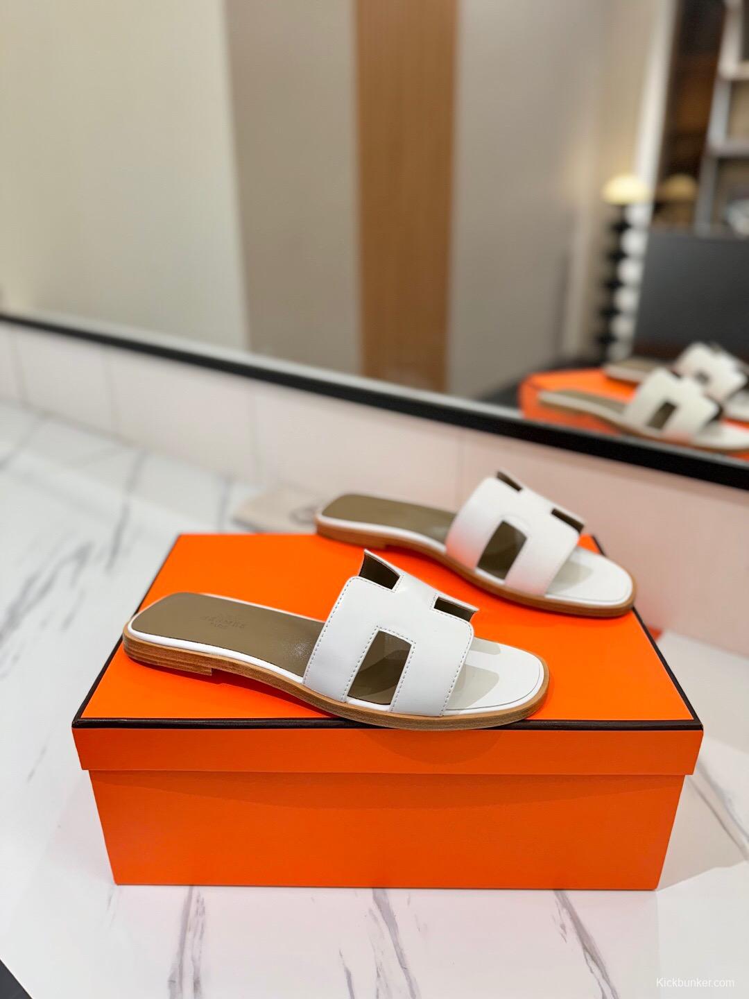 2025 Women Hermès White Leather Slippers
