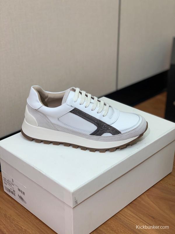 2025 Unisex Brunello Cucinelli White Grey Leather Suede Sneakers LY
