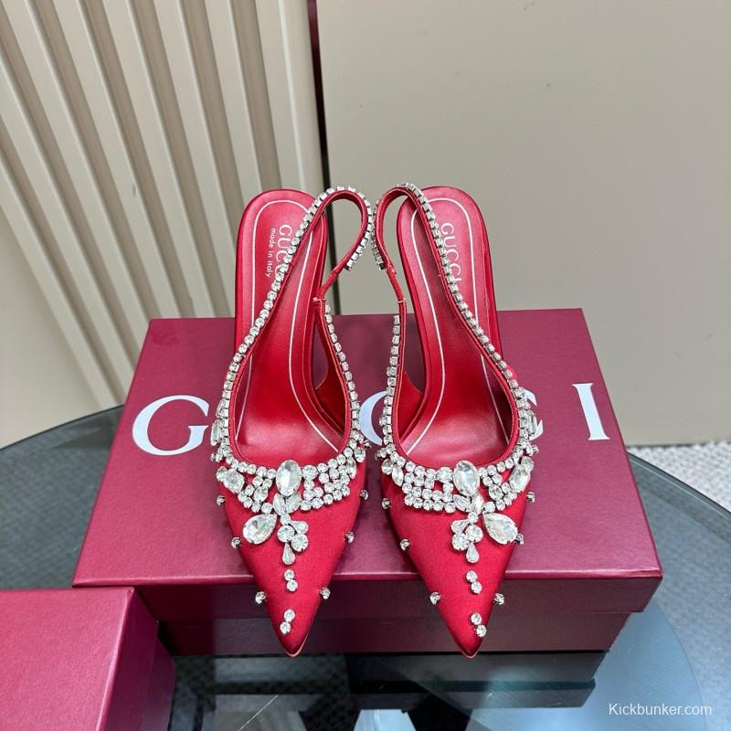 2025 Women Gucci Red Satin High Heel Slingback Crystal MJ00340