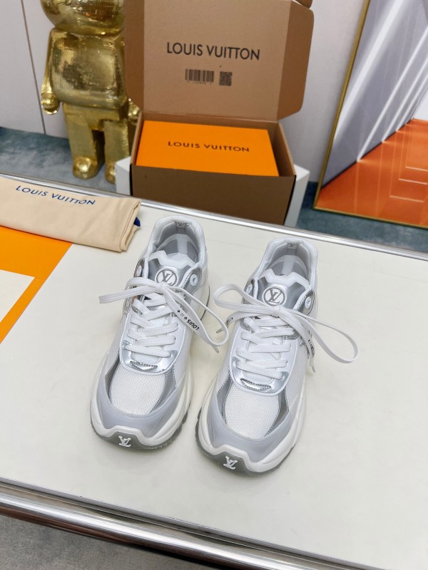 2025 Women Louis Vuitton White Grey Mesh Leather Sneakers LY00340