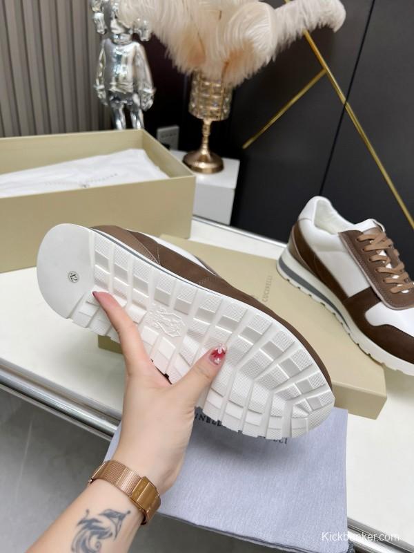 2024 Men Brunello Cucinelli White Brown Leather Suede Sneakers MJ00360