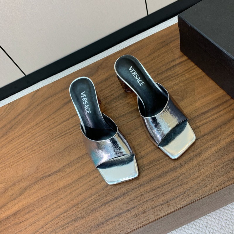 2025 Women VERSACE Silver Leather Slippers
