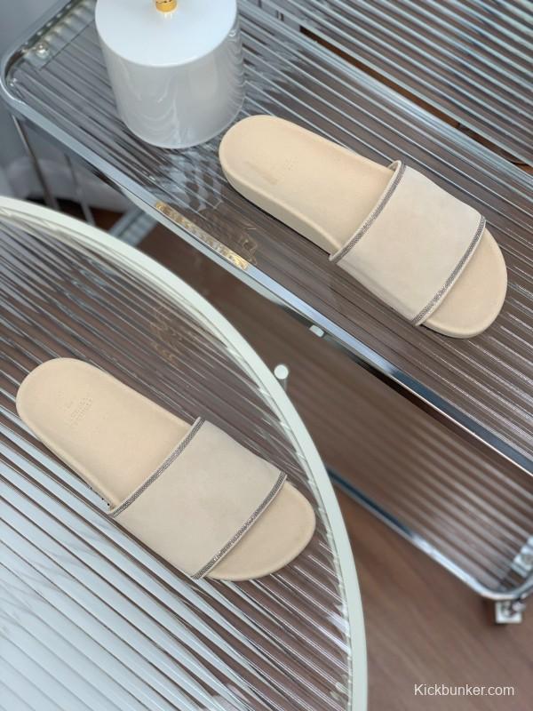 2025 Women Brunello Cucinelli Beige Suede Flat Slide Sandals Handmade Detailing KFY00240 (F)