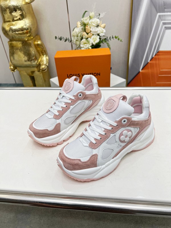2025 Women Louis Vuitton White Pink Suede Mesh Sneakers LY00340