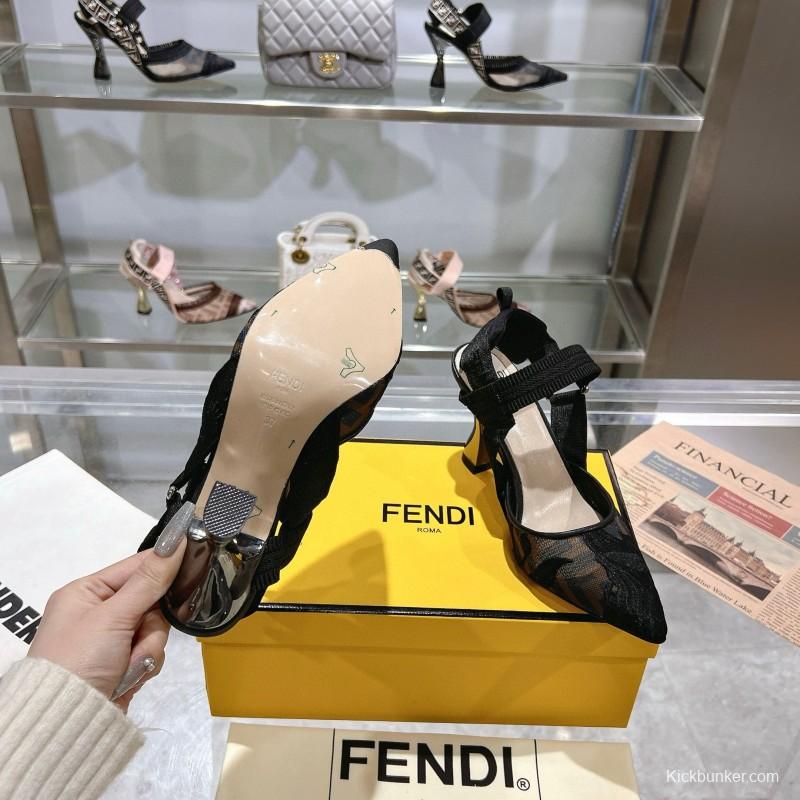 2025 Women Fendi Black Mesh Leather Heels MJ00280