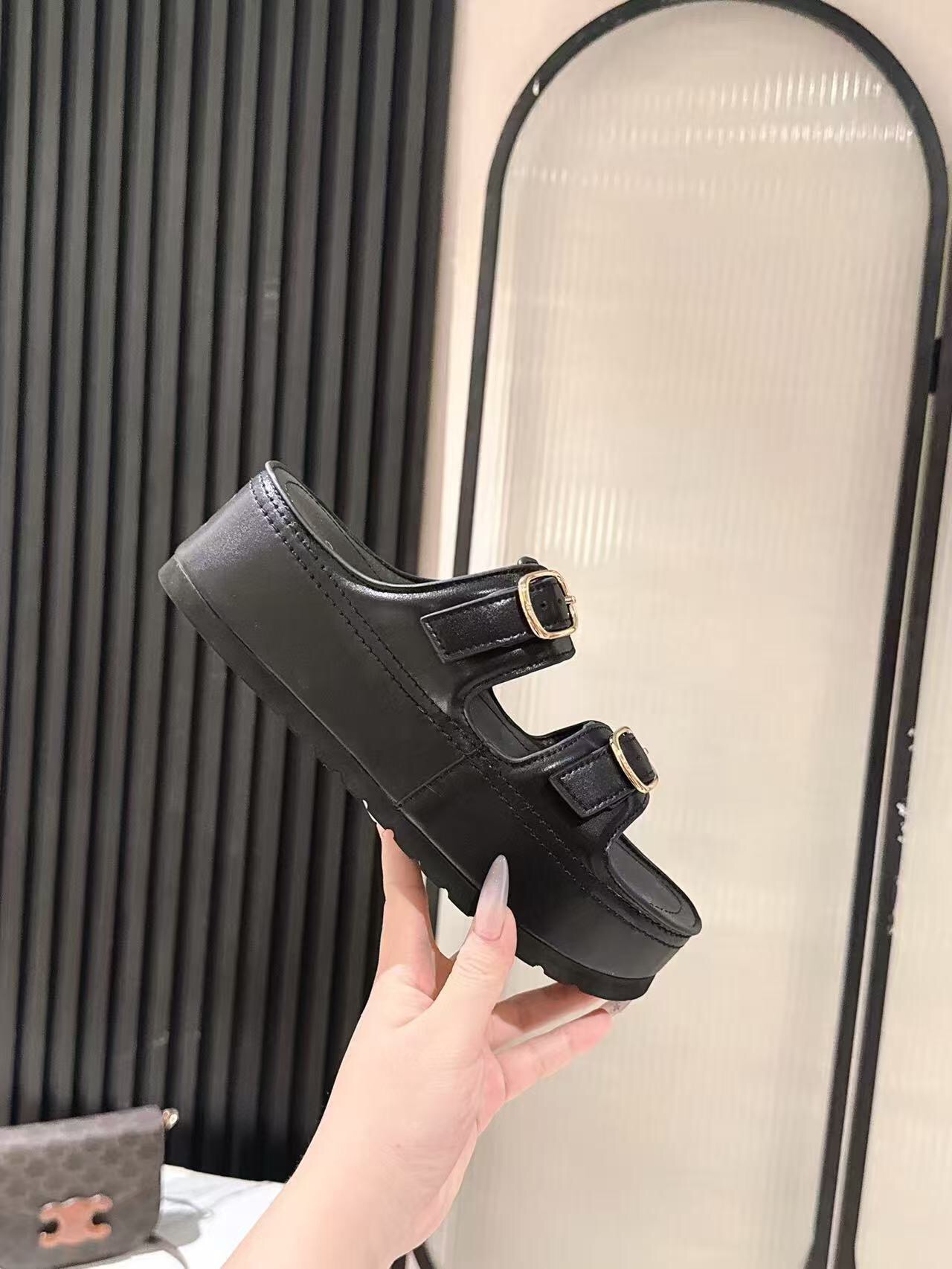 2025 Women Celine Black Leather Platform Slide Sandals LY00300