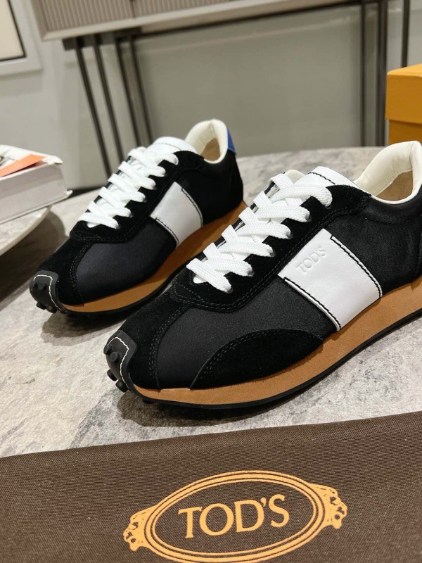 2025 Women TOD'S Black White Nylon Calfskin Sneakers