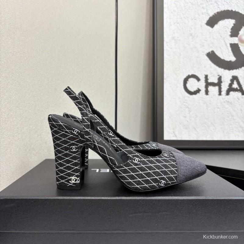 2025 Women Chanel Black Grey Fabric Slingback Heels LY00270