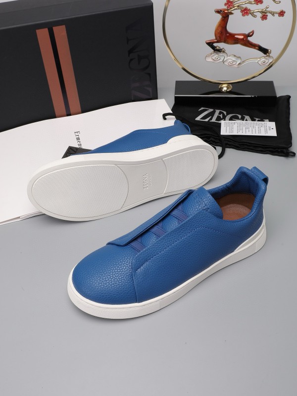 2024 Men Ermenegildo Zegna Blue Leather Low Top Sneakers MJ00240