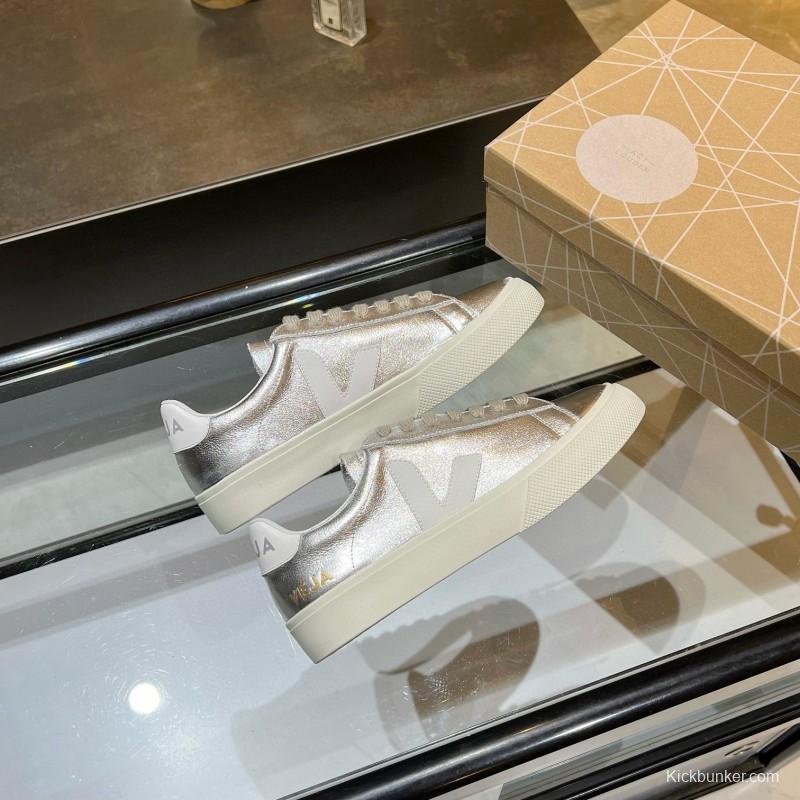 2025 Unisex VEJA Silver Leather Canvas Vulcanized Sneakers MJ00240