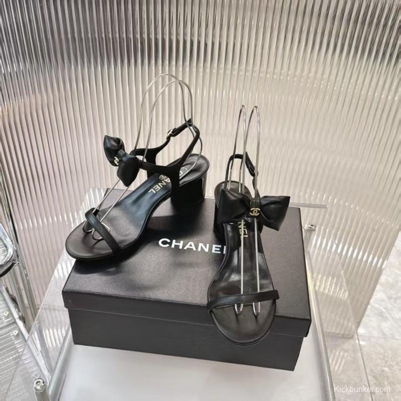 2025 Women Chanel Black Lambskin Bowknot Sandals LY00260
