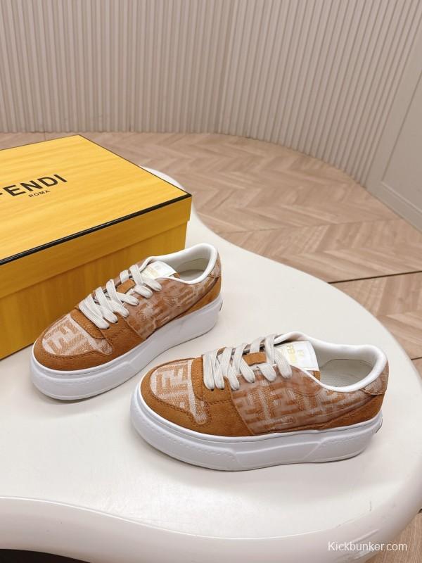 2025 Women Fendi Brown Leather Fabric Sneakers LY00340