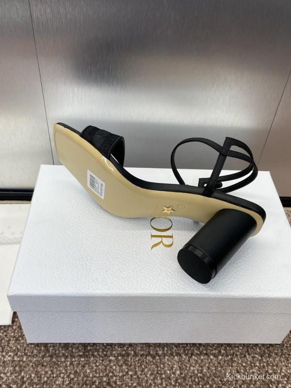 2025 Women Dior Black Leather Fabric Sandals