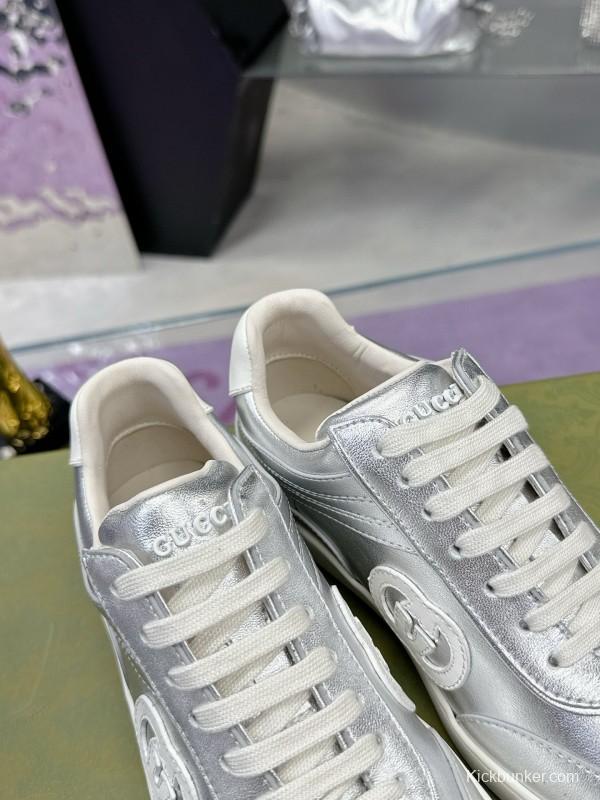 2024 Unisex Gucci Silver White Leather Suede Sneakers MJ00310