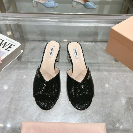 2025 Women Miu Miu Black Patent Leather Heeled Sandals