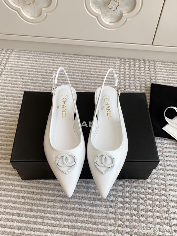 2025 Women Chanel White Leather Slingback Pointed Toe Heart Double C KFY00300