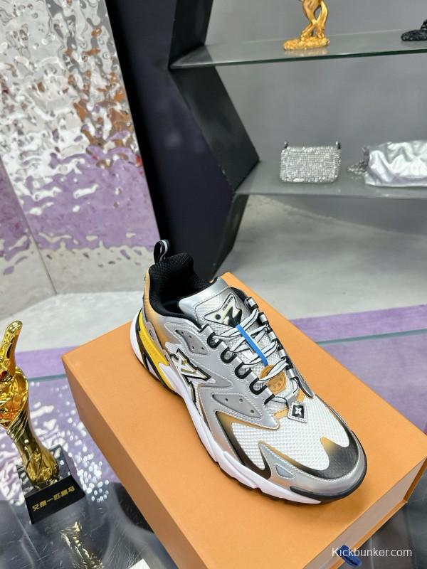 2025 Men Louis Vuitton Gradient Yellow White Leather Mesh Sneakers MJ00420