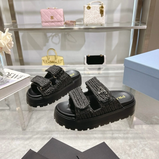 2025 Women Prada Black Woven Leather Sandals LY