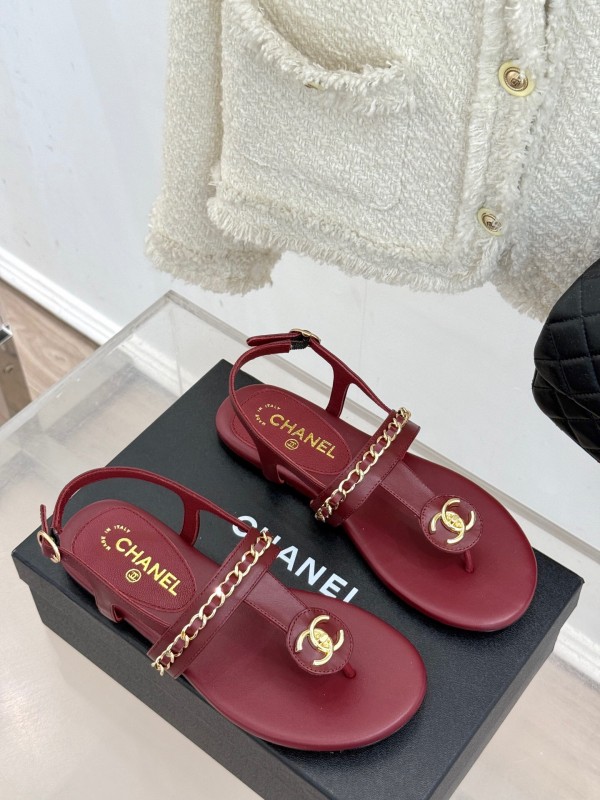 2025 Women Chanel Red Leather Sandals Chain Decoration