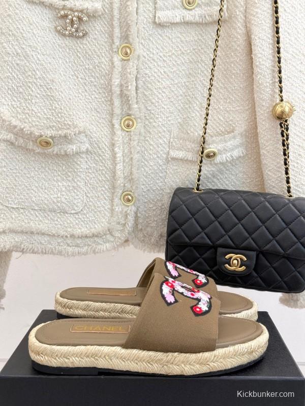2025 Women Chanel Khaki Embroidered Lambskin Slippers KFY00230