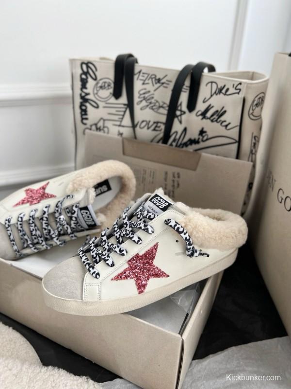 2024 Unisex GGDB White Pink Glitter Suede Leather Fur Slippers MJ00280