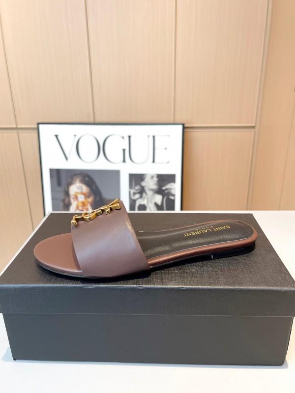 2025 Women Yves Saint Laurent Brown Leather Slippers LY00180