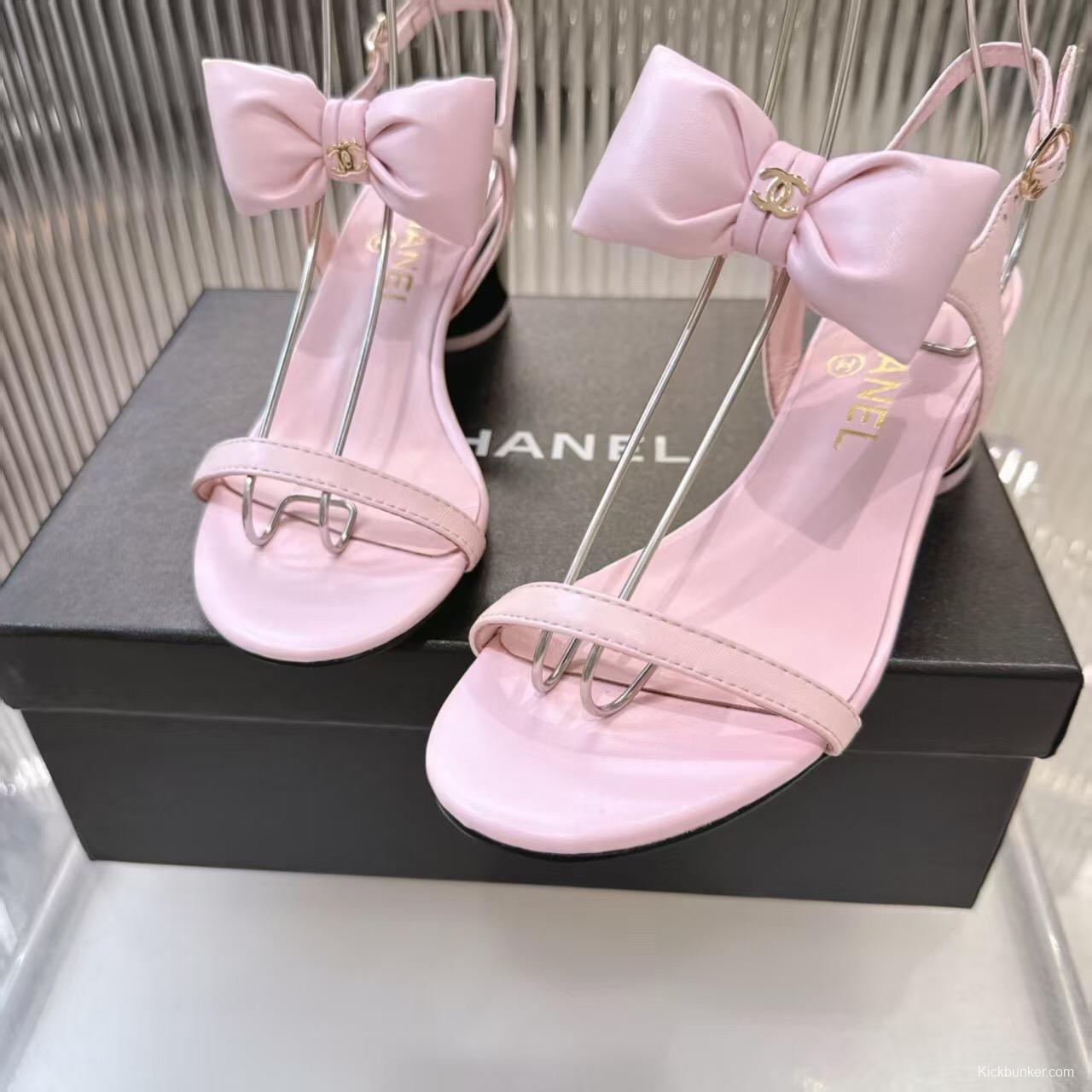 2025 Women Chanel Pink Leather Sandals Bow LY00260