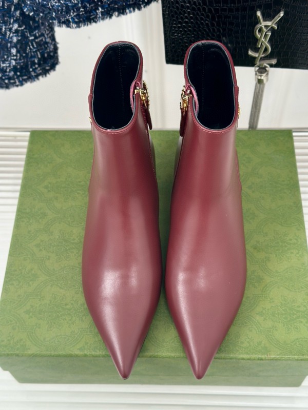 2024 Women Gucci Burgundy Leather Ankle Boots Chain MJ00410