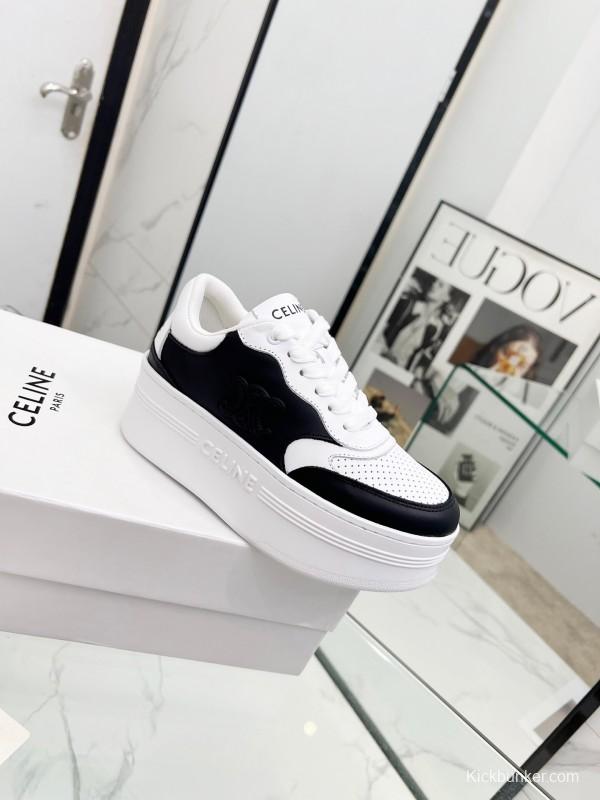 2025 Women CELINE Black White Leather Sneakers KFY00270