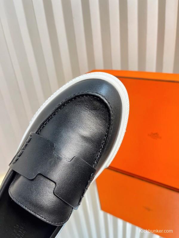 2025 Unisex Hermès Black Leather Fabric Loafers Slip-On LY00310(F)/LY00320(M)