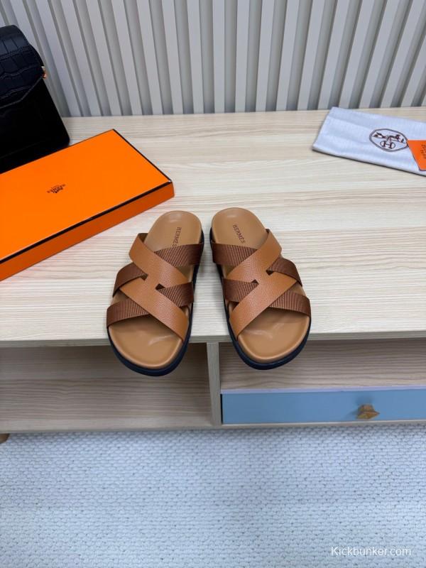 2025 Men Hermès Brown Leather Slippers