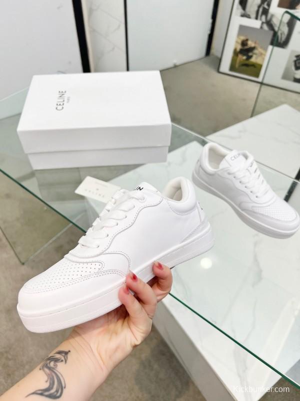 2025 Women Celine White Leather Sneakers Block Triomphe KFY00260