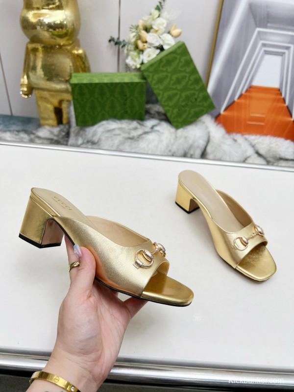 2025 Women Gucci Gold Leather Heeled Slip-On Horsebit MJ00180