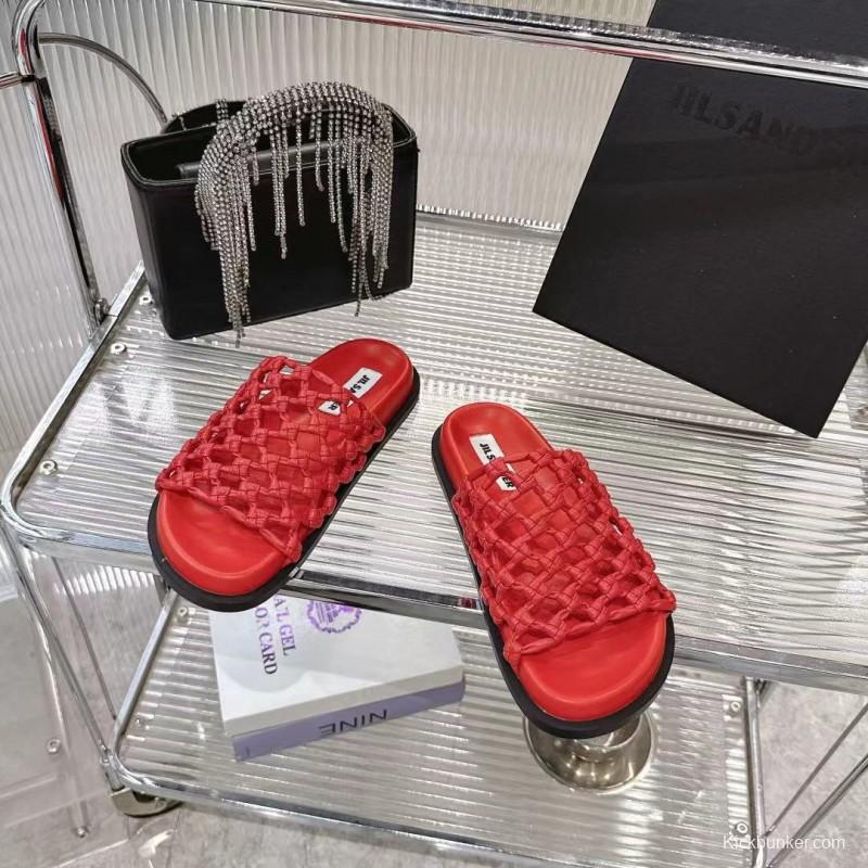 2025 Jil Sander Red Leather Woven Slippers