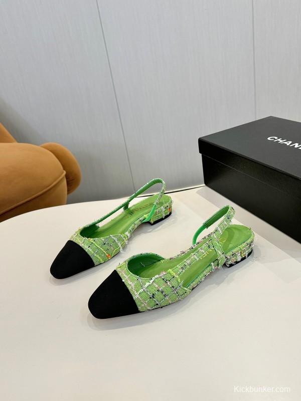 2025 Women Chanel Green Black Tweed Leather Slingback Flats LY00240