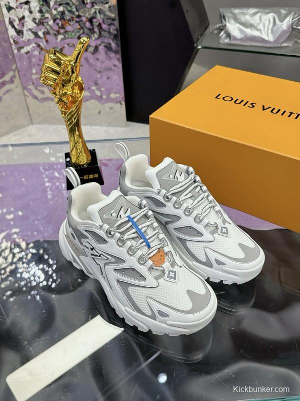 2025 Men Louis Vuitton White Grey Mesh Leather Sneakers MJ00420
