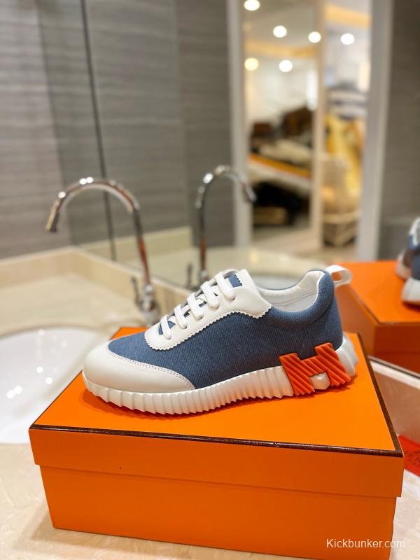 2024 Unisex Hermès Blue White Imported Silk Lambskin Casual Sneakers MJ00320