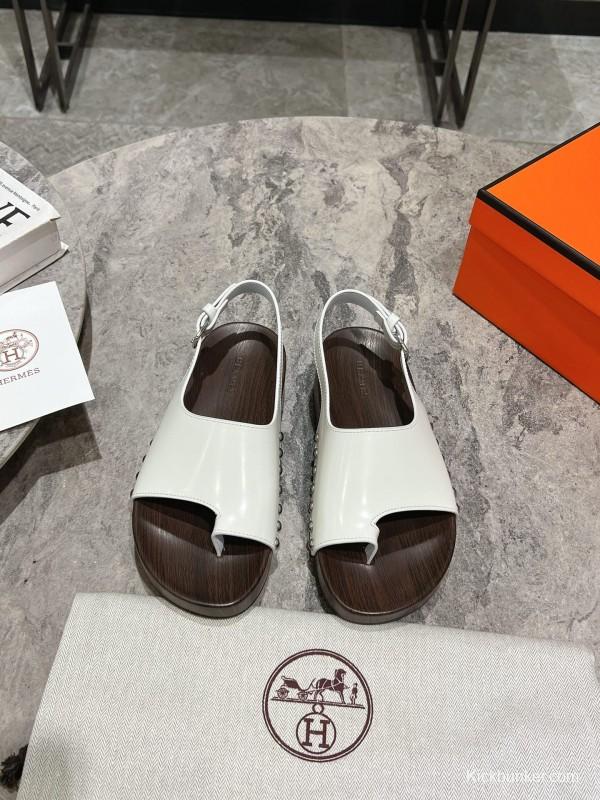 2025 Women Hermès White Leather Slippers