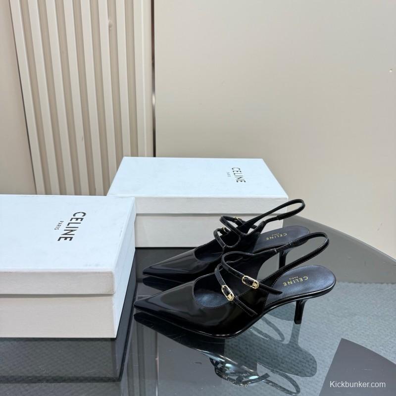 2025 Women CELINE Black Patent Leather Slingback Heels