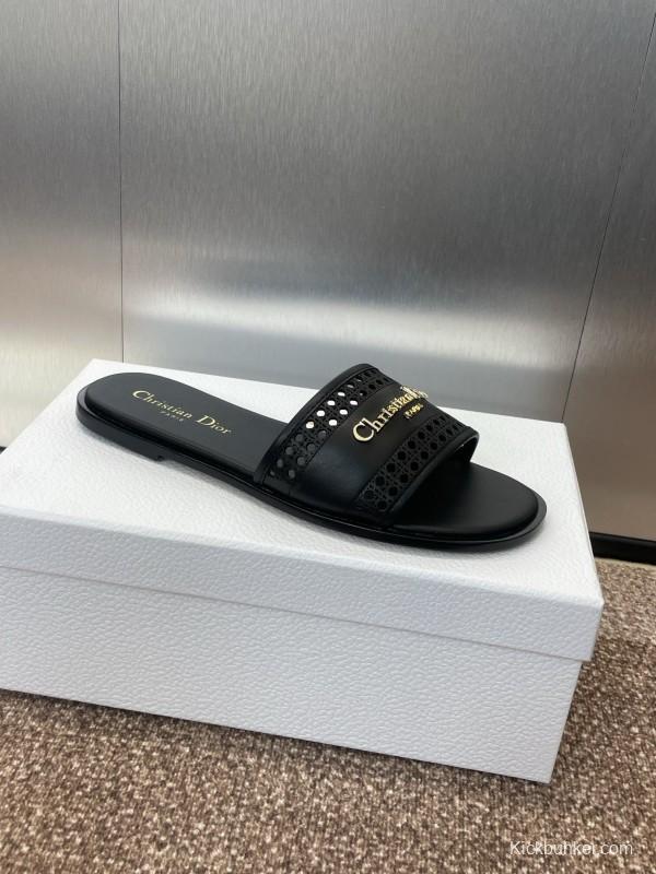 2025 Women Dior Black Leather Slides