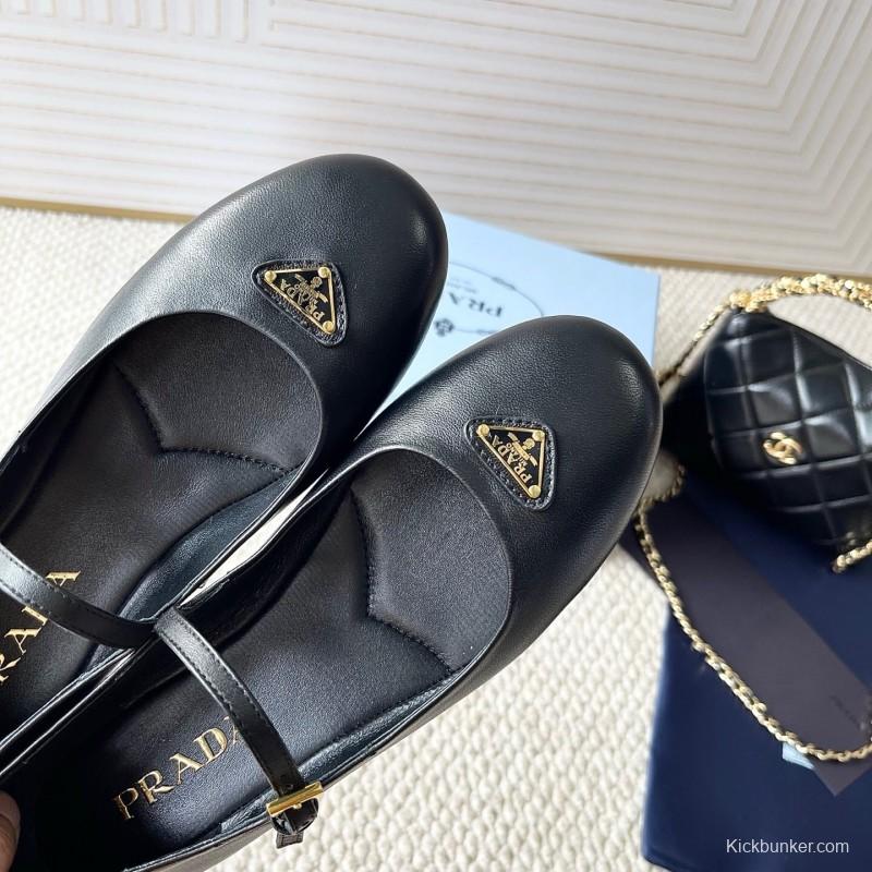 2025 Women Prada Black Leather Mary Jane Flat