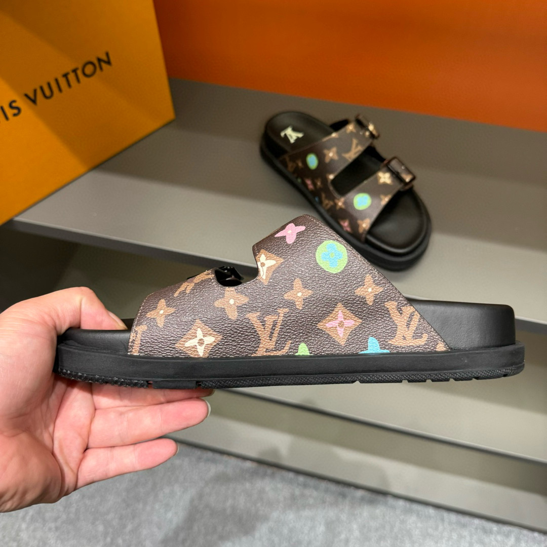 2024 Men Louis Vuitton Brown Black Rubber Leather Sandals Oblique MJ00210