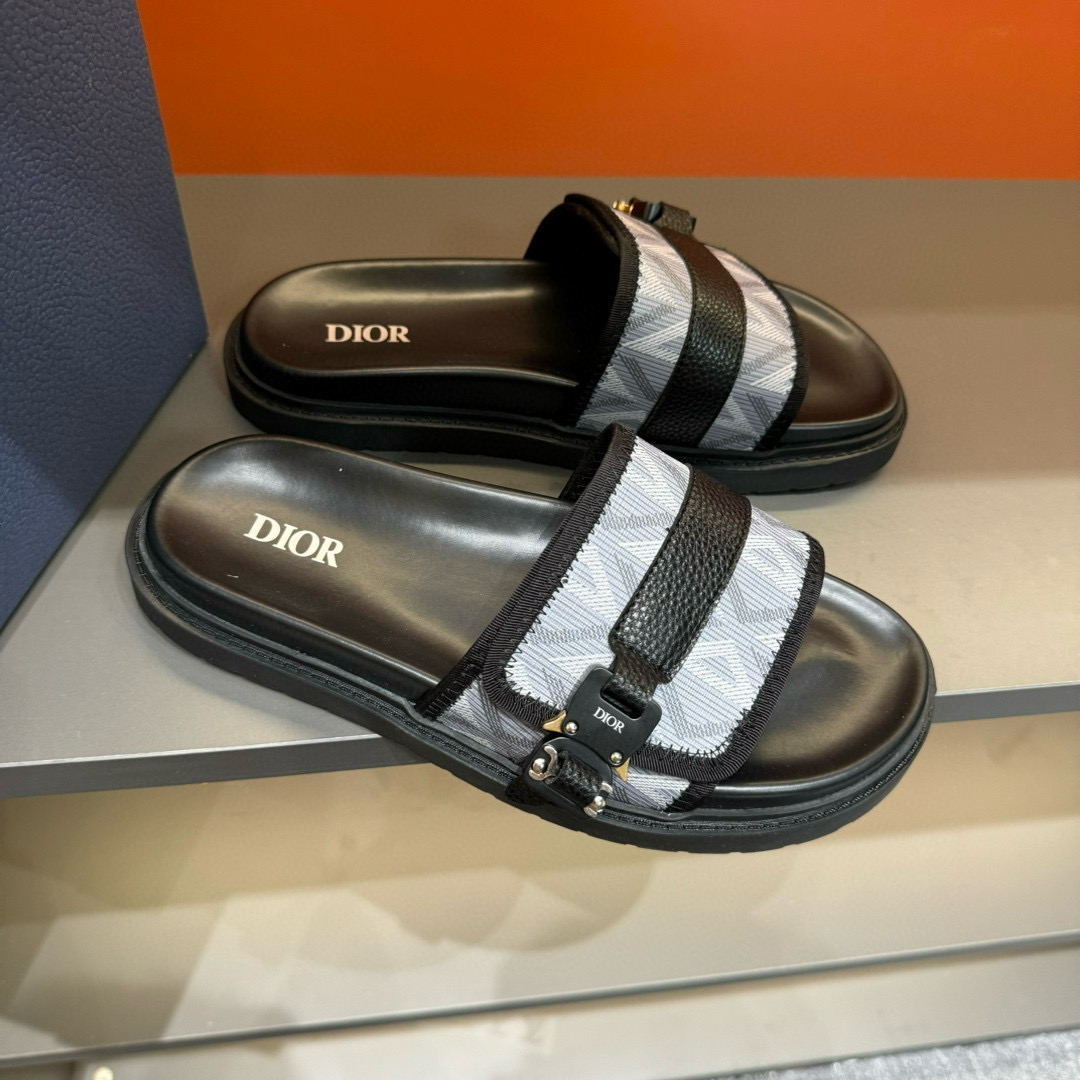 2024 Men Dior Black White Oblique Embroidered Leather Sandals H-Town MJ00190
